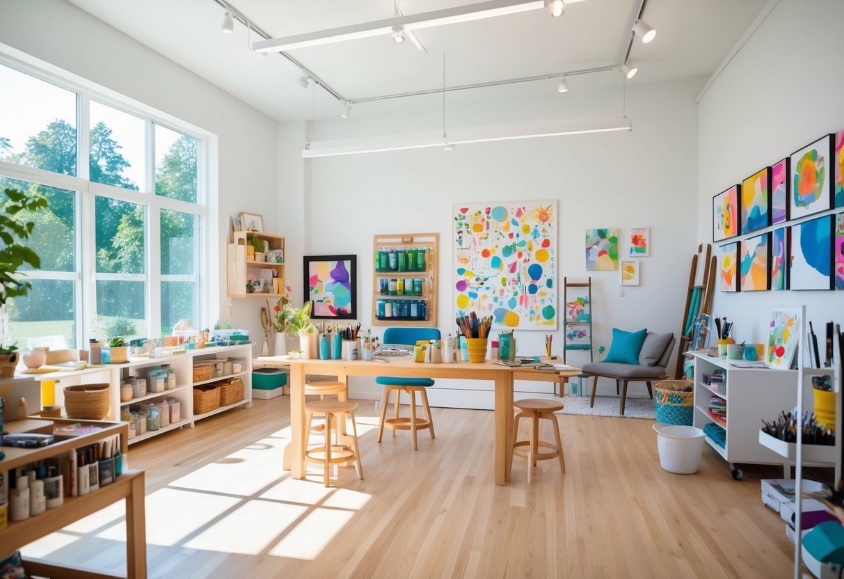 A bright, organized art studio with ample natural light, a variety of art supplies neatly arranged, inspirational artwork on the walls, and comfortable seating for creative expression