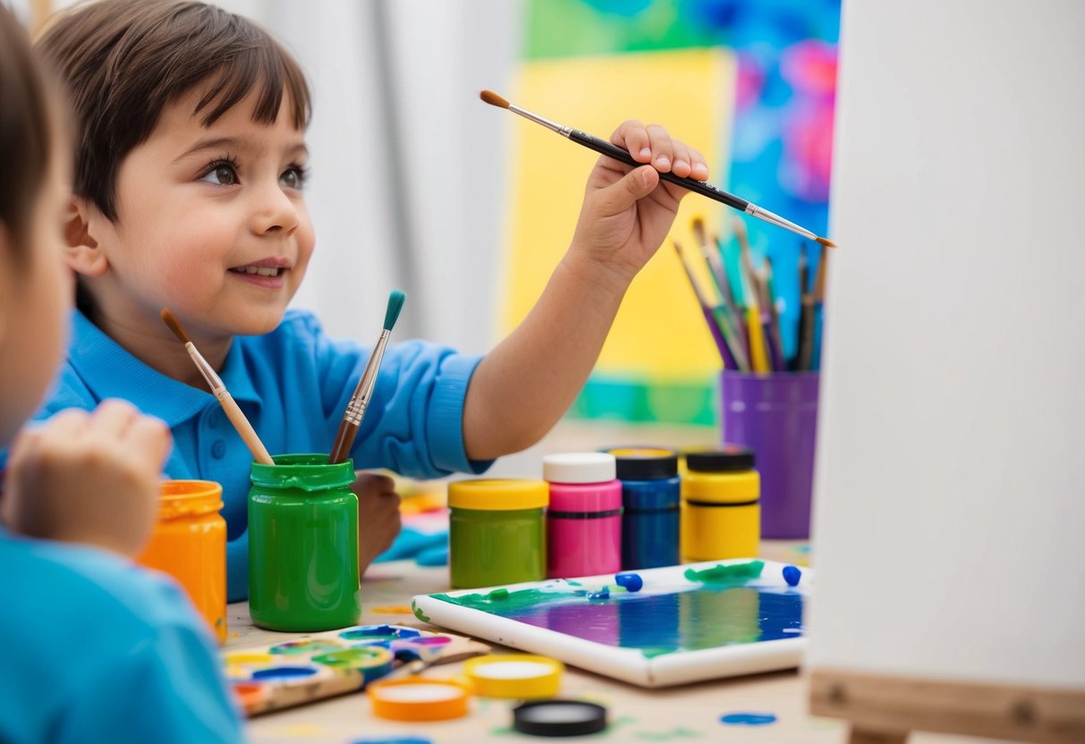 A child's hand reaching for a paintbrush, surrounded by colorful art supplies and a blank canvas, with a look of concentration and creativity on their face