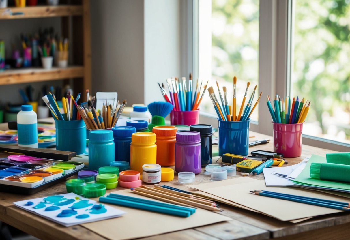 A colorful array of art supplies scattered on a wooden table, including paints, brushes, markers, pencils, and paper, with natural light streaming in through a nearby window