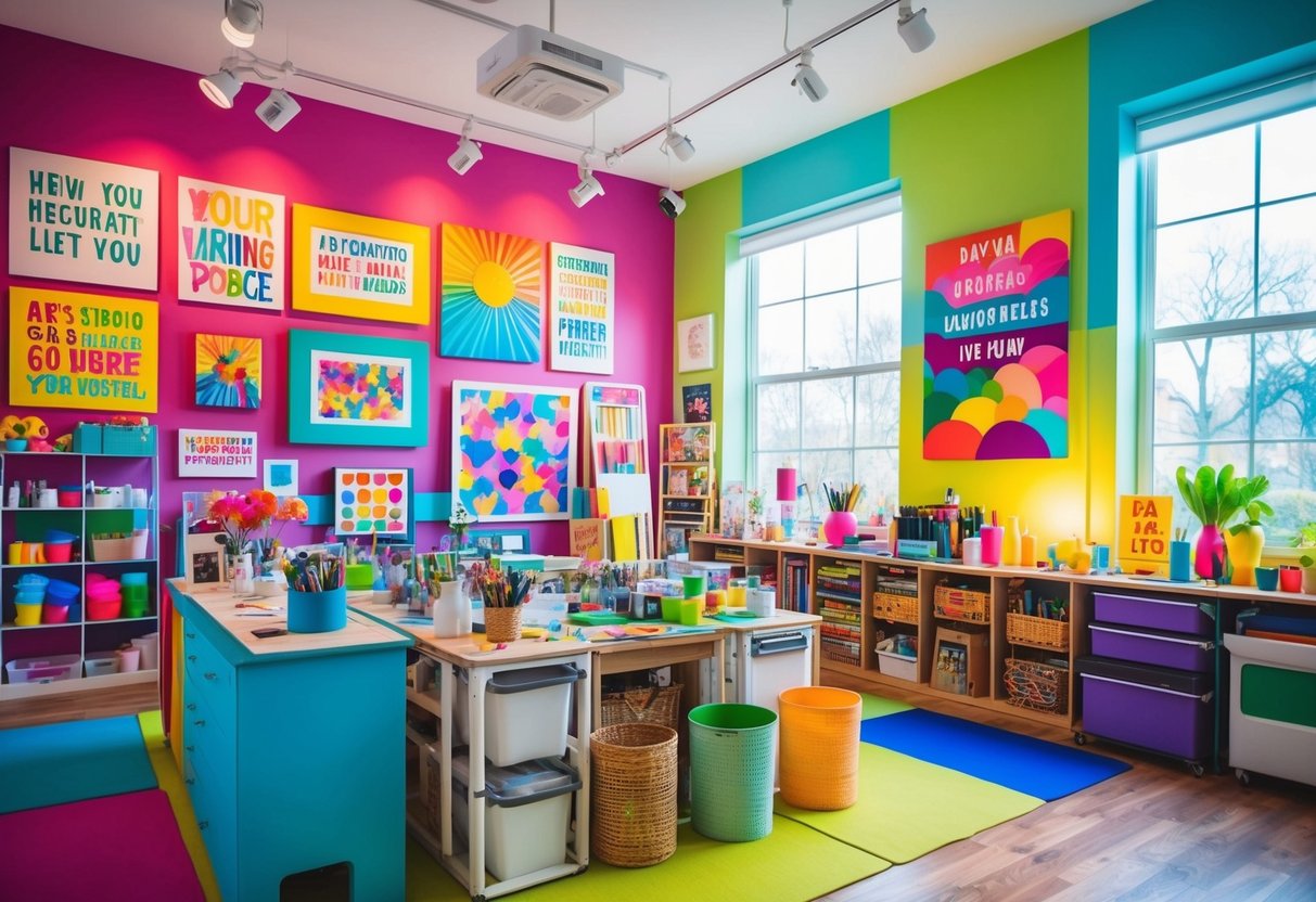 A colorful art studio filled with bright lighting, a variety of art supplies, and vibrant artwork on display, with encouraging quotes and affirmations adorning the walls