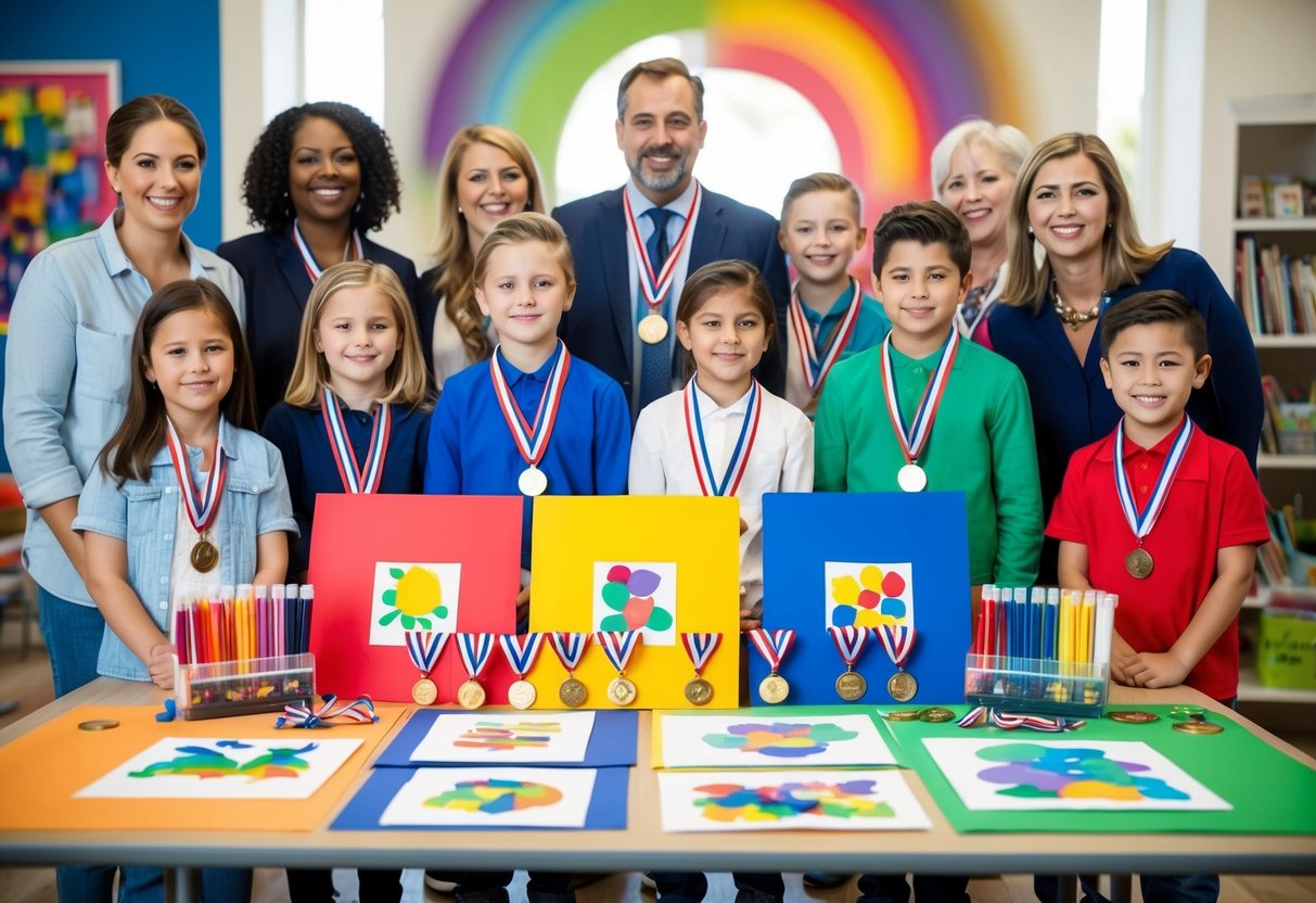 A colorful display of art supplies and finished artwork, with ribbons and medals arranged on a table, surrounded by proud parents and beaming children