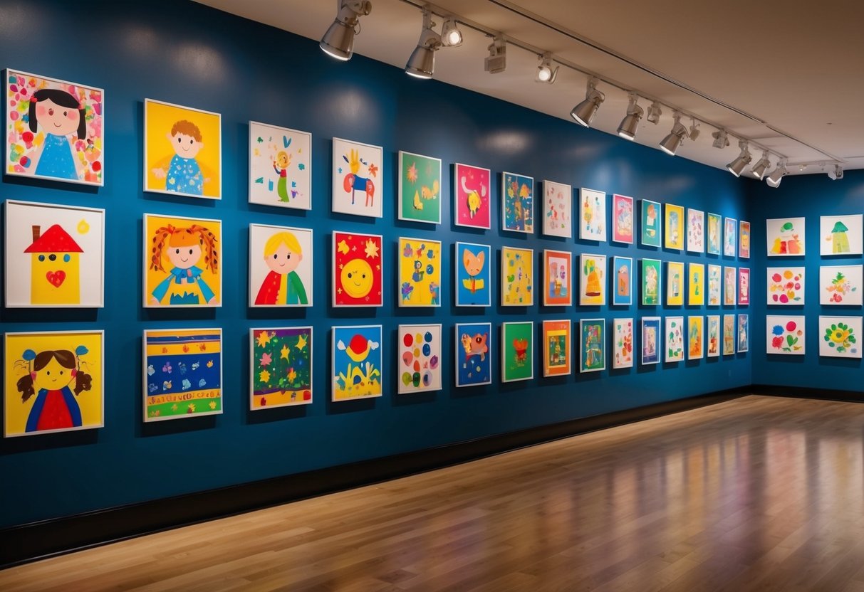 A colorful array of children's artwork displayed on gallery walls, with spotlights highlighting each piece