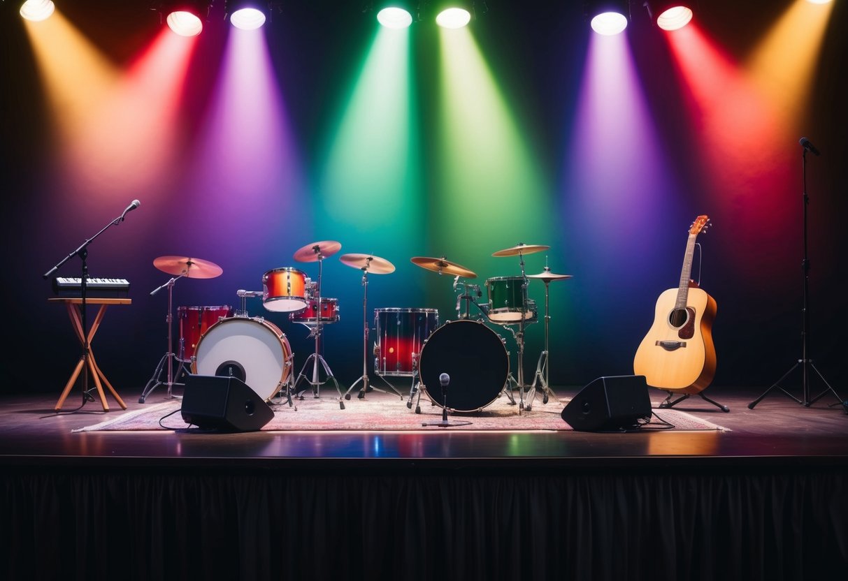 A stage with colorful spotlights, a microphone, and various musical instruments set up for a family talent show