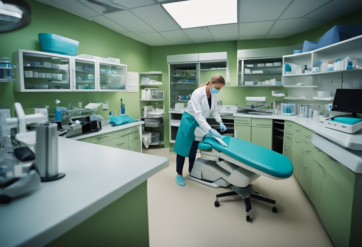 A dental assistant preparing instruments and tools in a clean and organized dental office