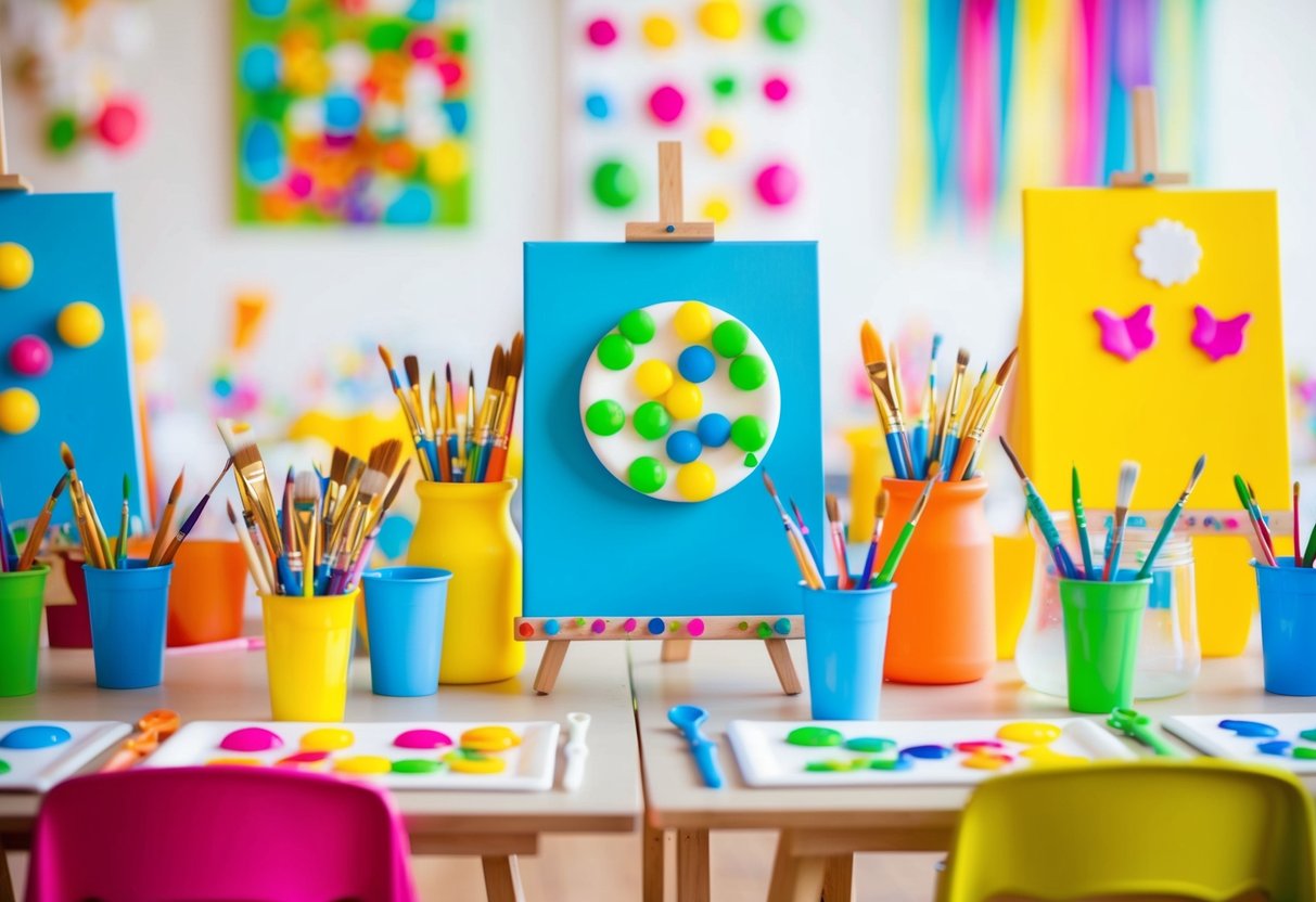 A colorful art-themed party with paintbrushes, easels, and canvases set up for children to create and celebrate their creative achievements