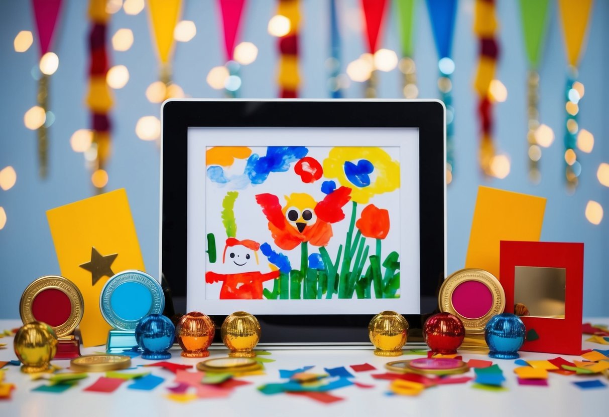 A digital frame displaying child's artwork surrounded by colorful decorations and awards