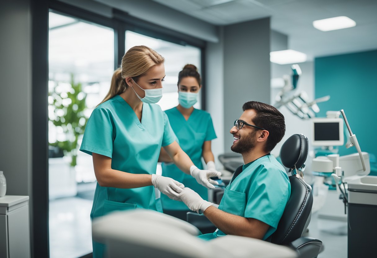 A dental assistant in uniform, assisting a dentist with a patient in a modern dental office