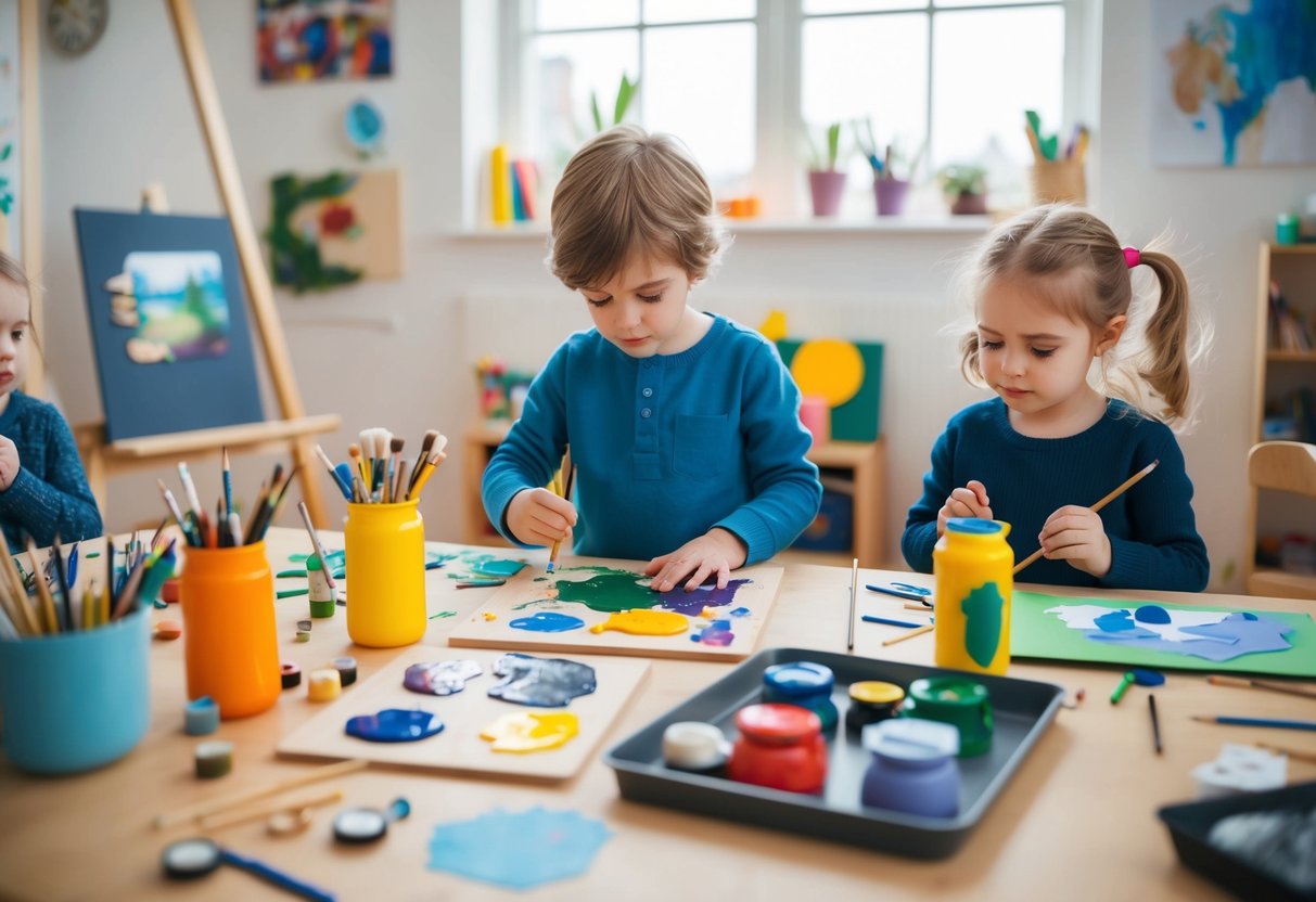 A child surrounded by art supplies, experimenting with different techniques, such as painting, drawing, sculpting, and collage. Their creations are displayed around the room