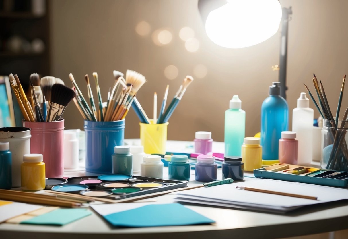 A table with various art supplies neatly arranged, including paints, brushes, pencils, and paper. A bright light illuminates the scene, casting soft shadows