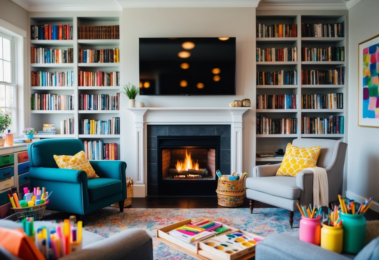 A cozy living room with a crackling fireplace, shelves filled with books, and a comfortable armchair surrounded by colorful art supplies