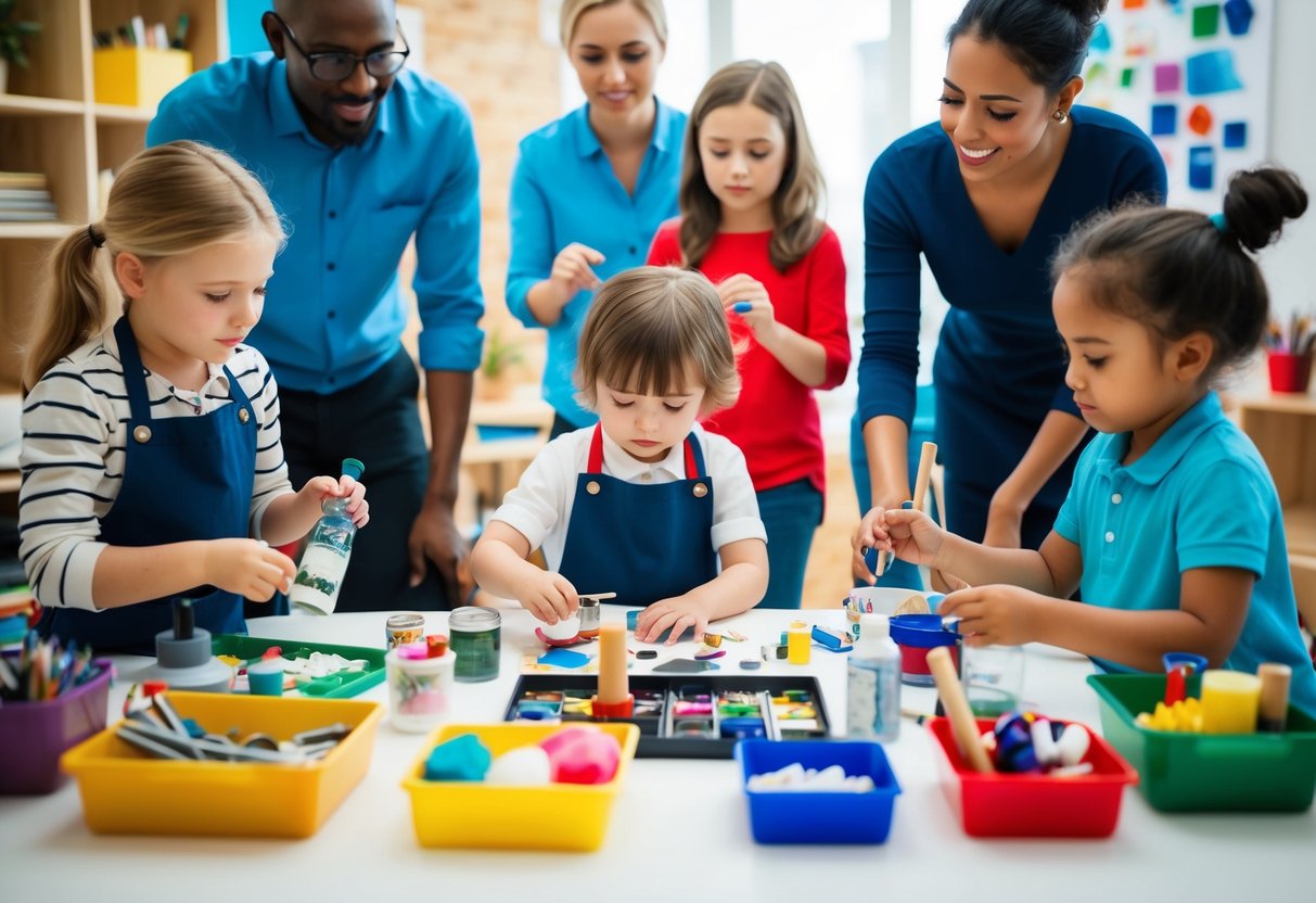 A child surrounded by various art supplies, exploring different techniques and materials, with supportive adults looking on and offering guidance