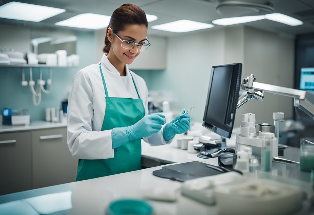 A dental assistant preparing instruments and equipment for a procedure in a clean and organized dental office