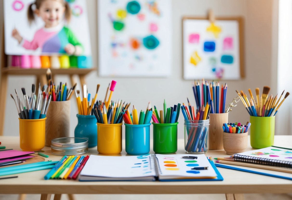 A table with various art supplies and tools arranged neatly, including paintbrushes, colored pencils, markers, sketchbooks, and other materials, with a child's artwork displayed in the background