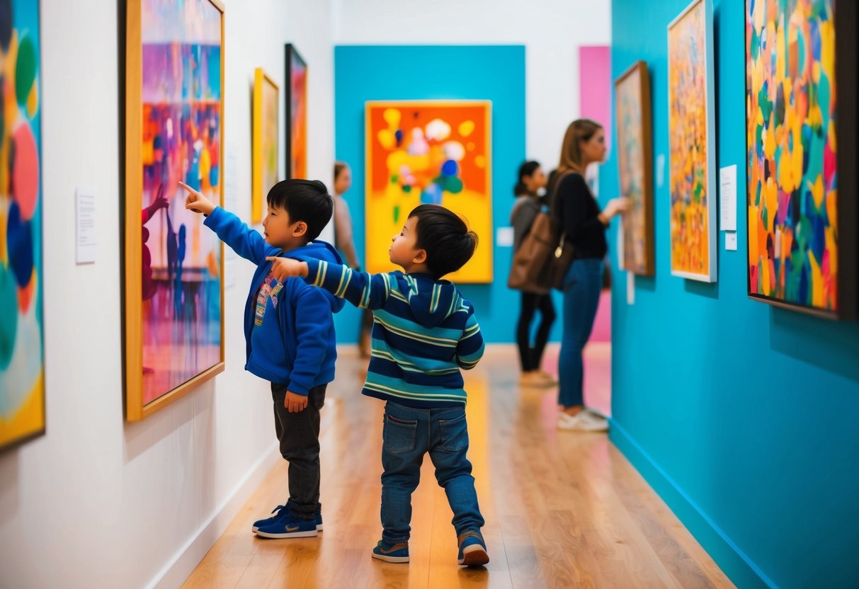 A child exploring a colorful gallery, pointing at vibrant paintings and sculptures with curiosity. Other visitors admire the art, while the child's eyes light up with wonder and inspiration