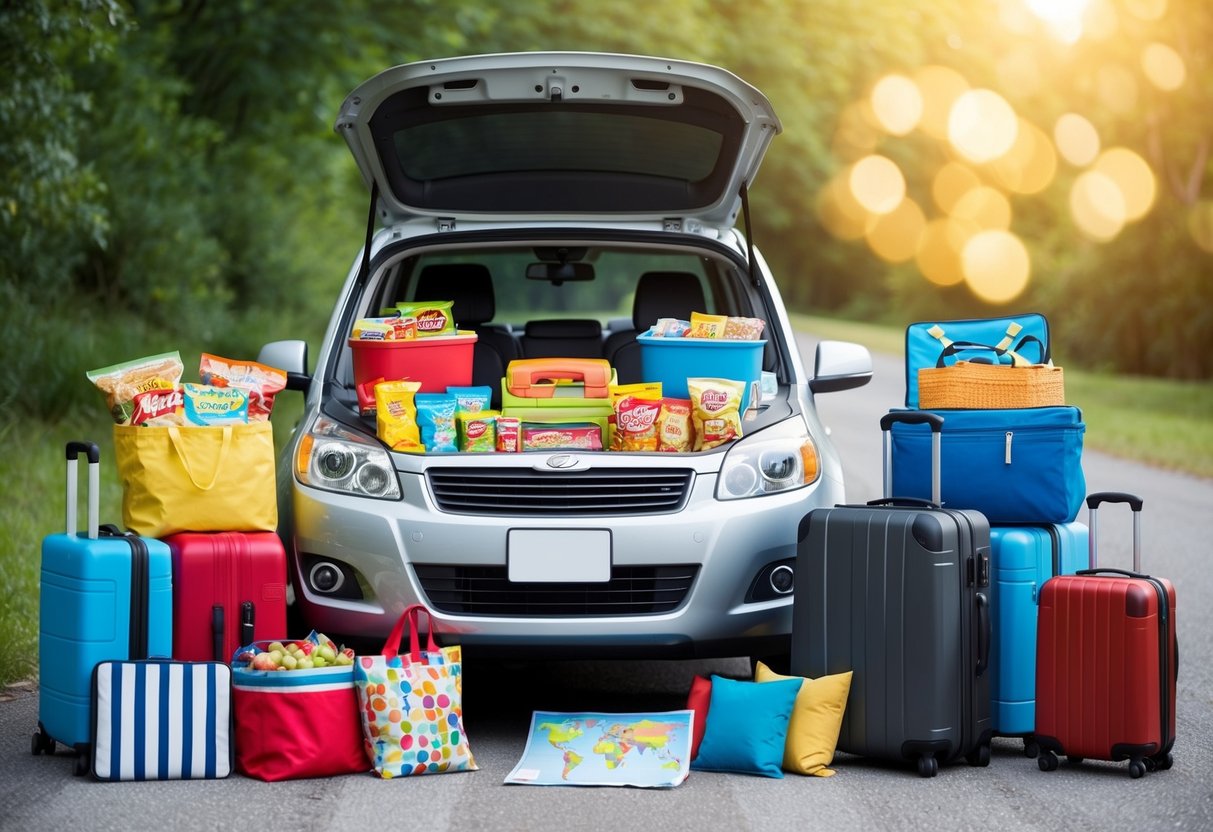 A family car packed with snacks and entertainment, surrounded by suitcases and a map, ready for a stress-free vacation