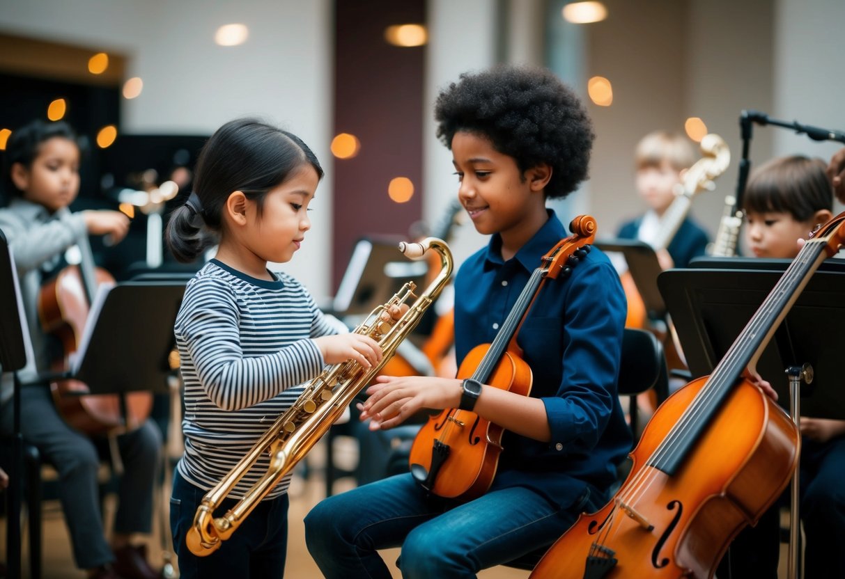 A child surrounded by musical instruments, practicing and refining their skills with the help of a music instructor