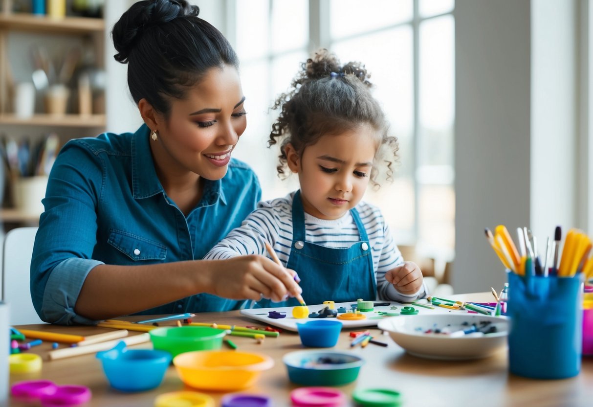 A child and adult sit at a table covered in art supplies. The child is focused on creating while the adult offers guidance and encouragement. A variety of artistic techniques are being explored