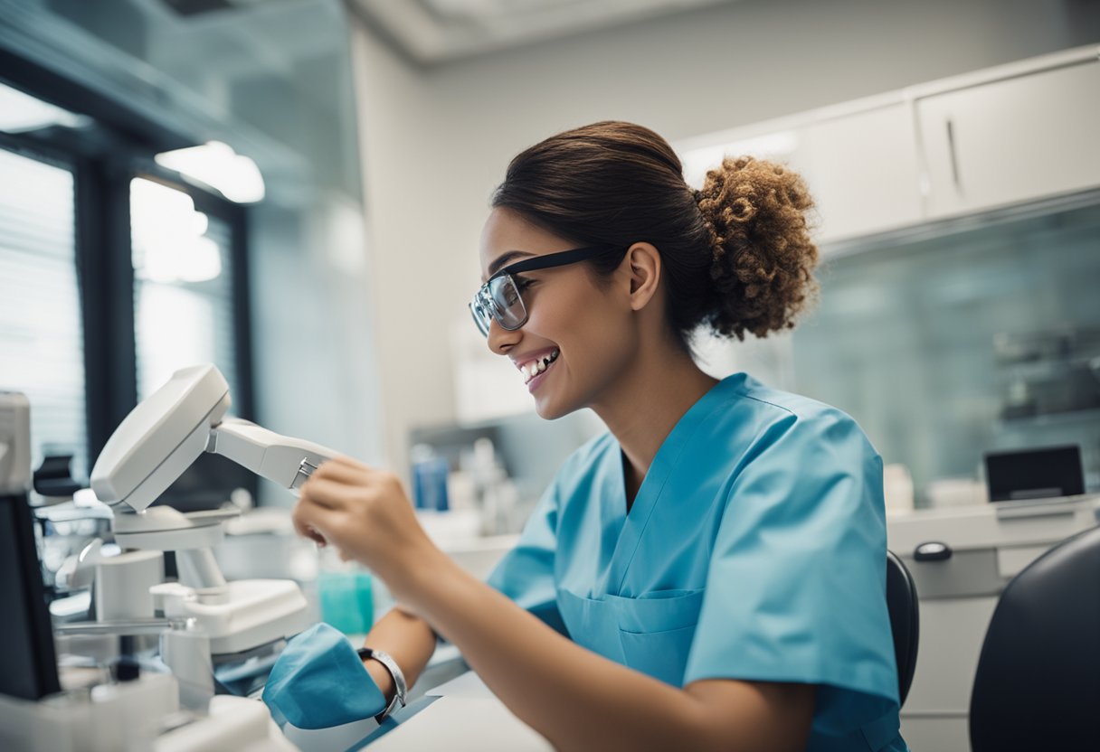 A dental assistant at work in a busy office, organizing supplies and assisting the dentist with patients