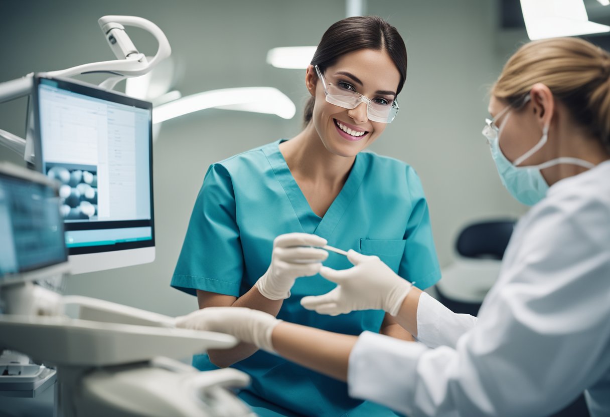 A dental assistant preparing tools and equipment, while interacting with patients and collaborating with the dentist in a modern, clean and organized dental office