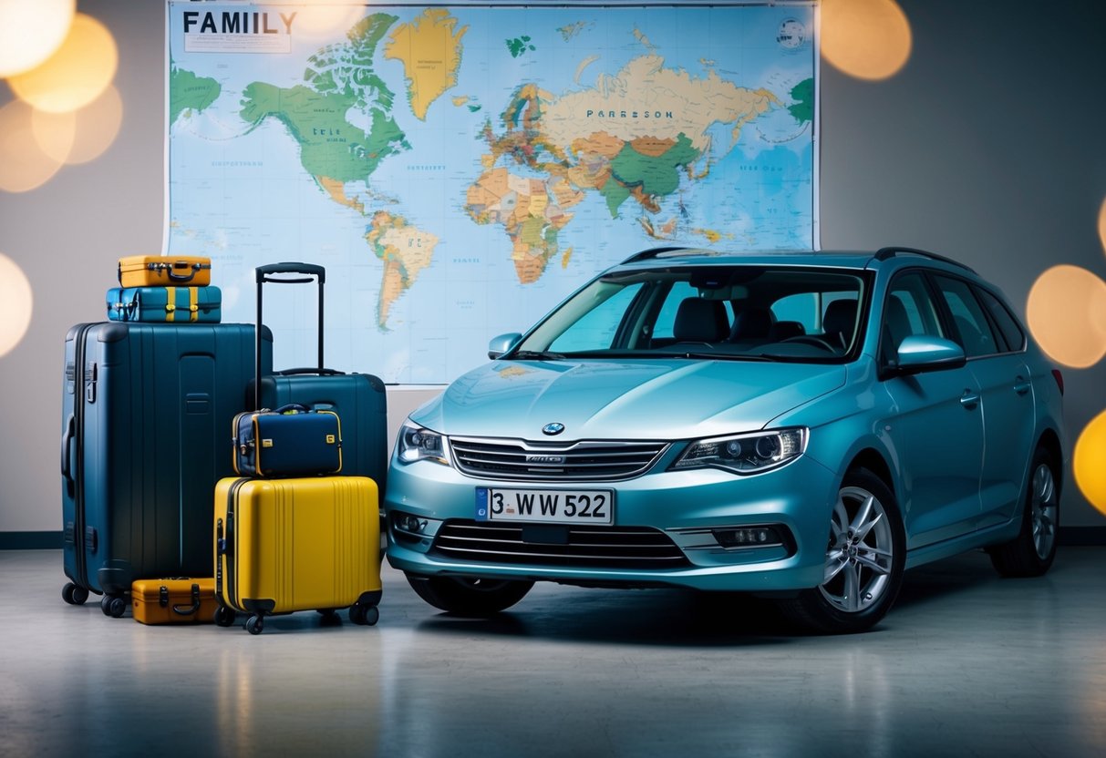 A family car parked in front of a map with destinations marked, surrounded by suitcases and travel essentials