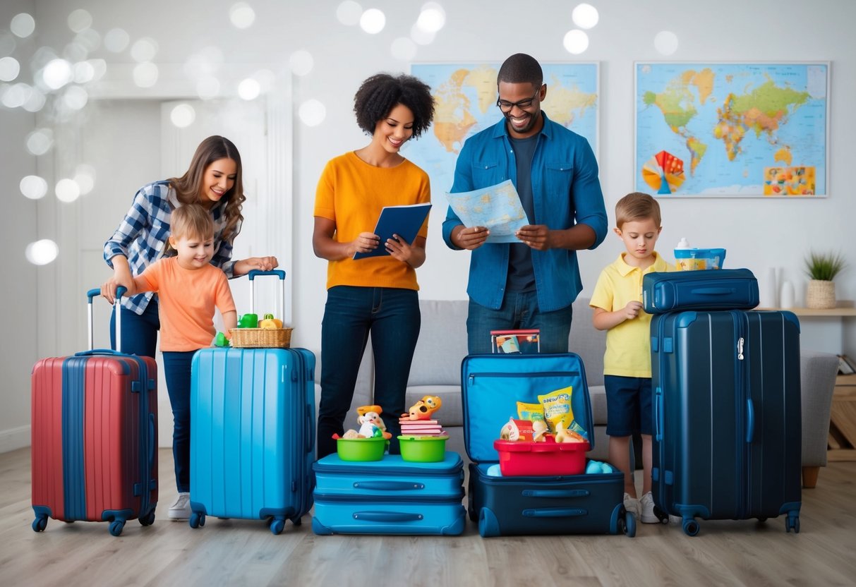 A family packing suitcases, with toys and snacks, while checking travel documents and maps