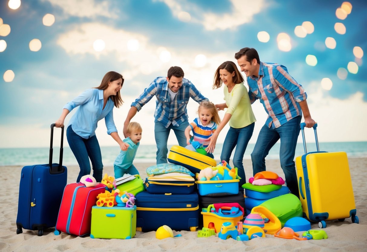 A family struggles with overstuffed suitcases, toys spilling out. Kids tug on parents, while items like a stroller and beach toys clutter the scene