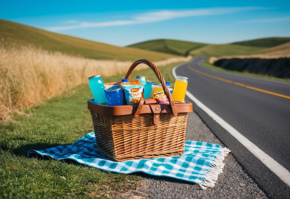 A picnic basket filled with assorted snacks and drinks sits on a checkered blanket beside a winding road, surrounded by rolling hills and a clear blue sky