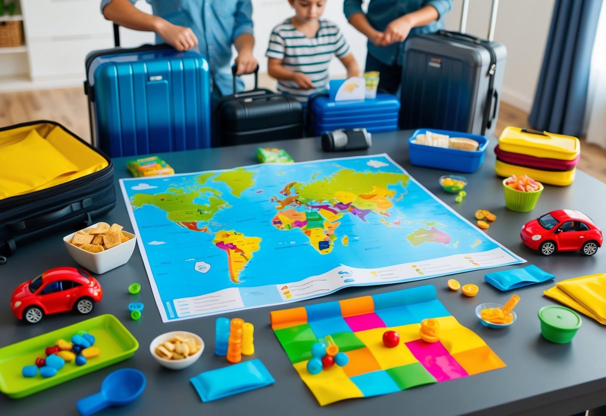 A colorful map spread out on a table with a toy car, snacks, and a checklist of activities for kids, surrounded by a happy family packing suitcases