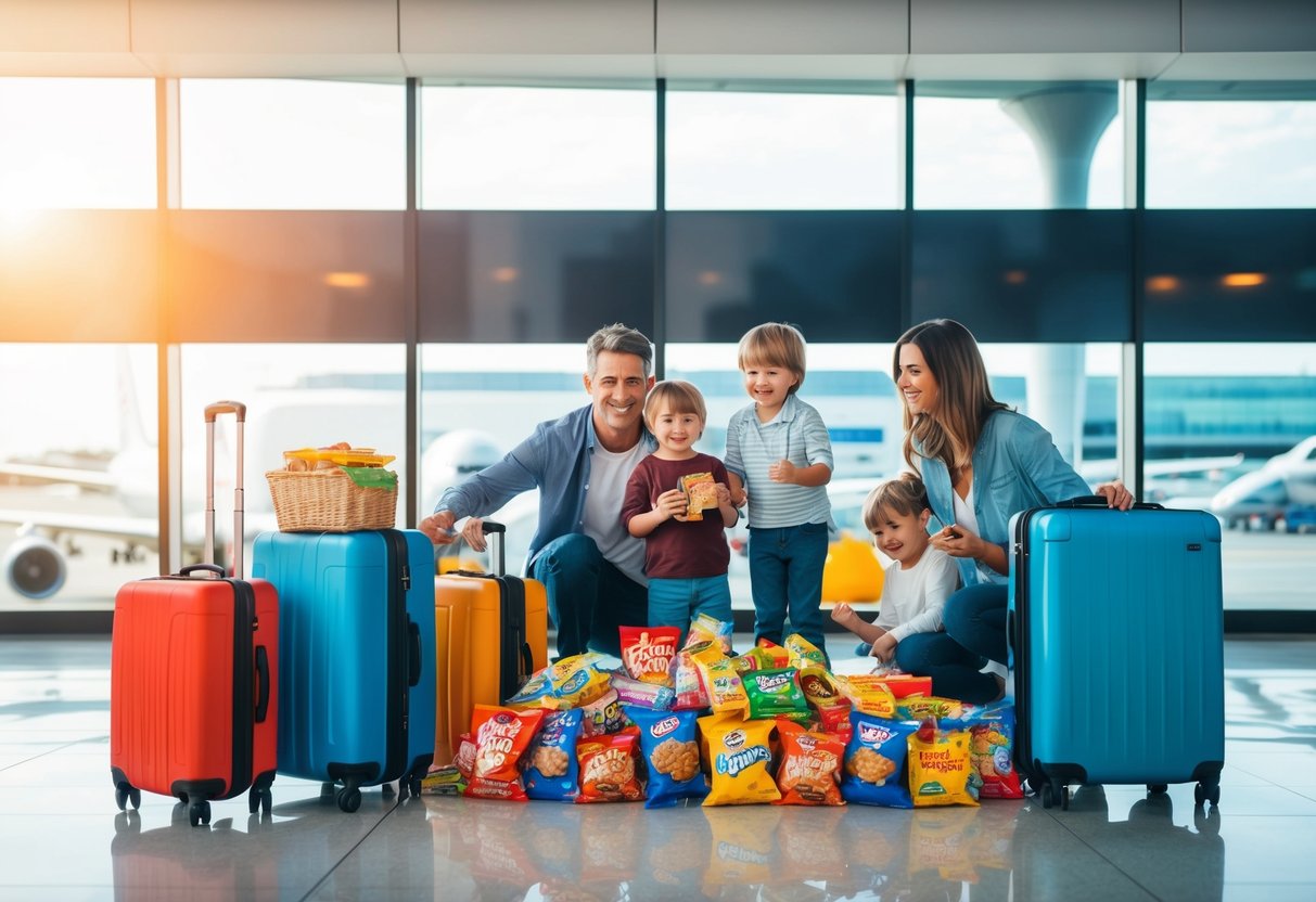 A family at an airport with a pile of snacks, suitcases, and kids playing