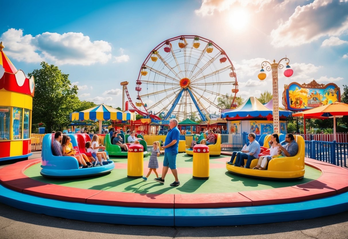 A colorful amusement park with rides, games, and families enjoying themselves on a sunny day