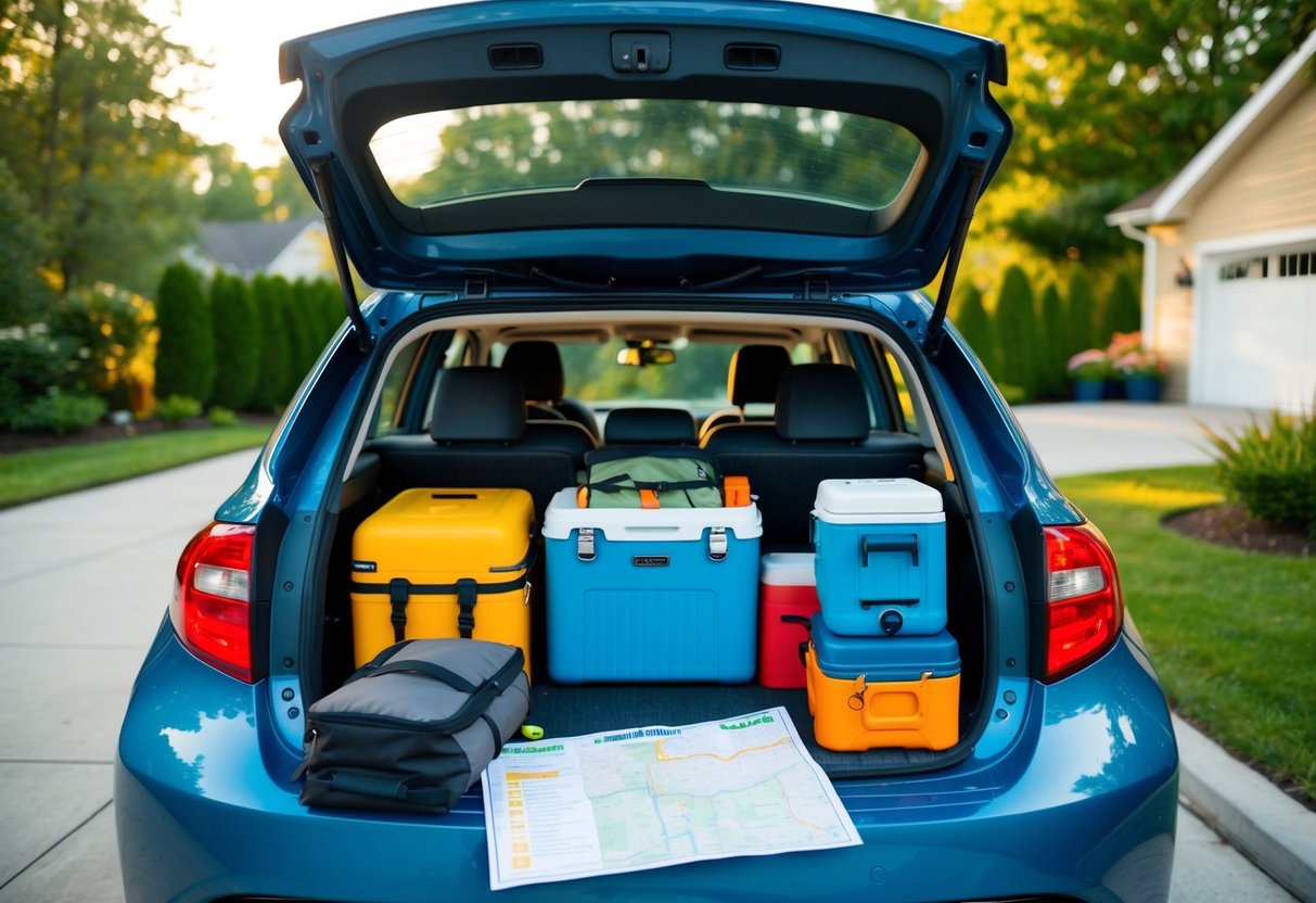 A family car parked in a driveway, with the trunk open and filled with suitcases, coolers, and camping gear. A map and a checklist are laid out on the hood of the car