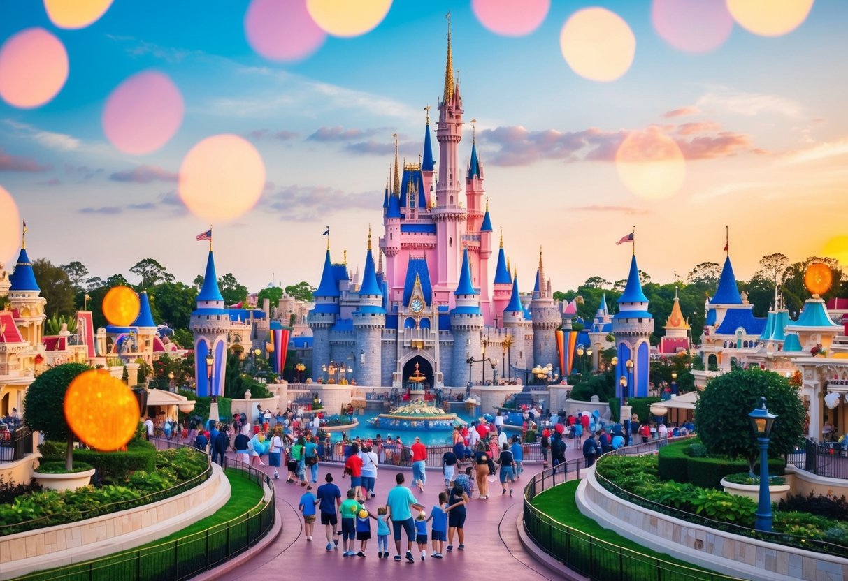 A colorful and bustling Disney World landscape, featuring iconic attractions and joyful families enjoying the magical atmosphere