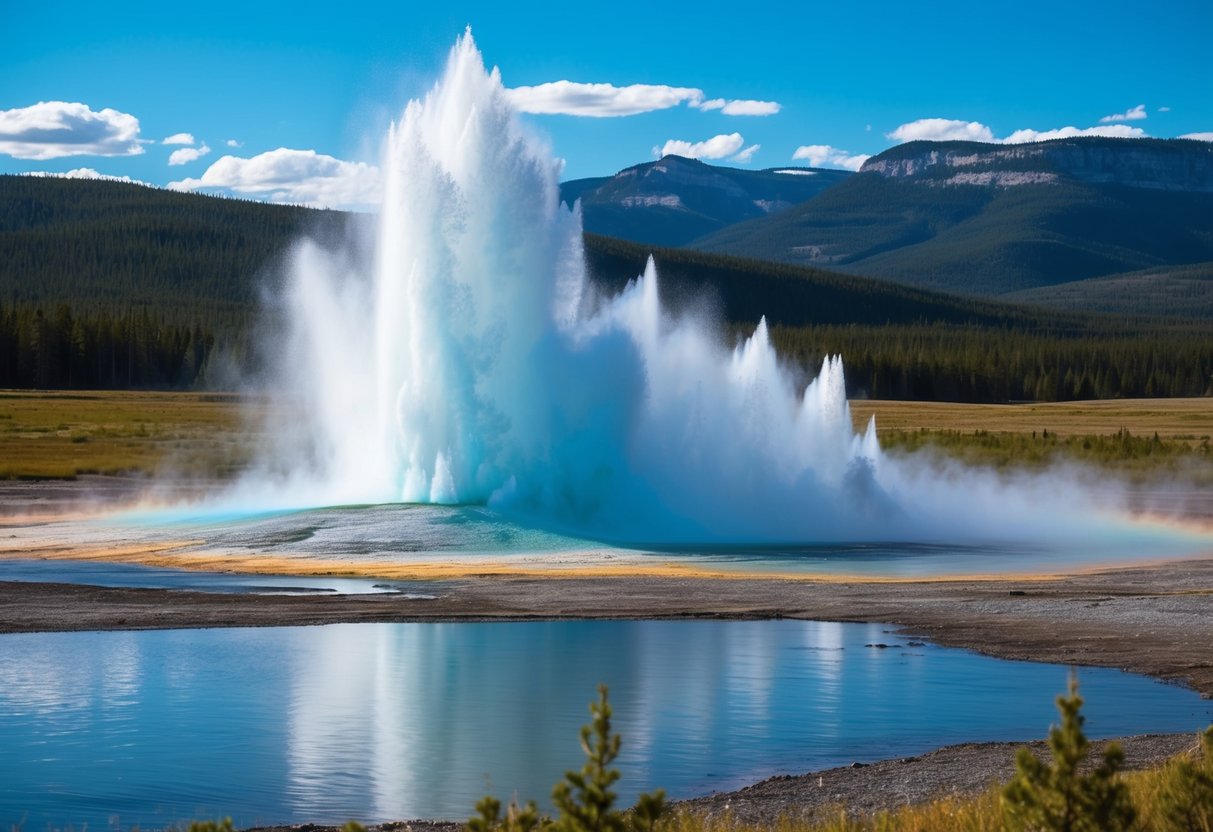 A colorful geyser erupts against a backdrop of lush greenery and towering mountains in Yellowstone National Park, Wyoming