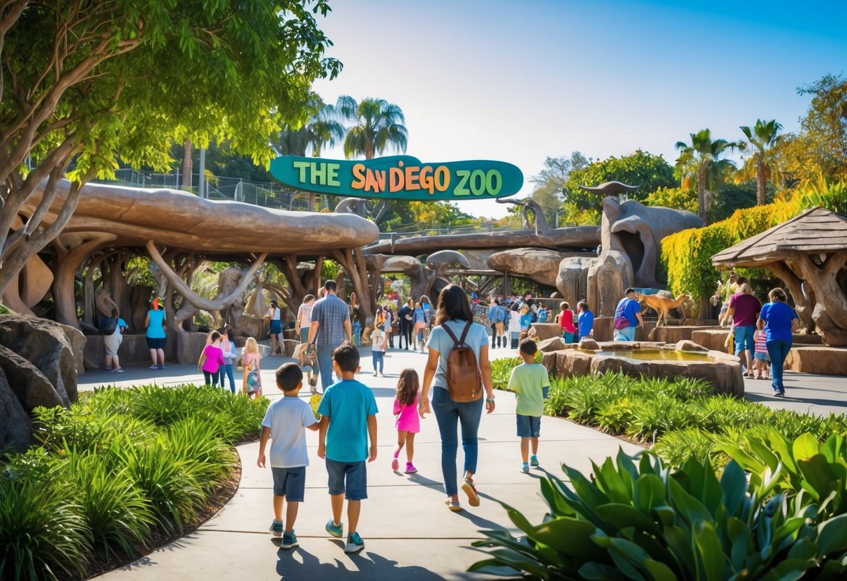 The San Diego Zoo is bustling with families exploring exhibits and enjoying the sunny California weather. The lush greenery and vibrant animal habitats create a lively and inviting atmosphere