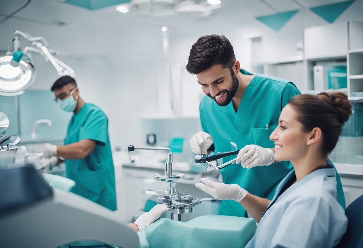 A dental assistant preparing instruments and assisting a dentist with a patient