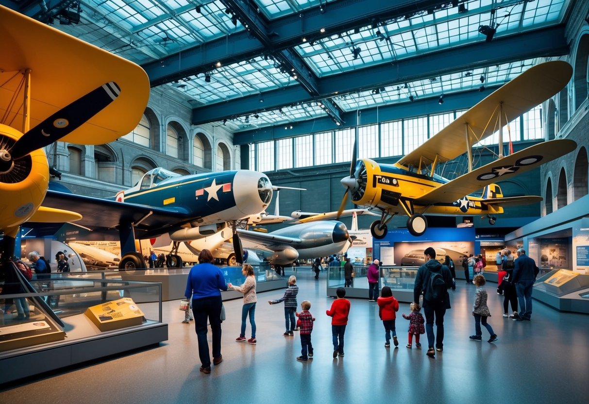 The Smithsonian National Air and Space Museum in Washington D.C. showcases historic aircraft and spacecraft, with families exploring the exhibits and interactive displays