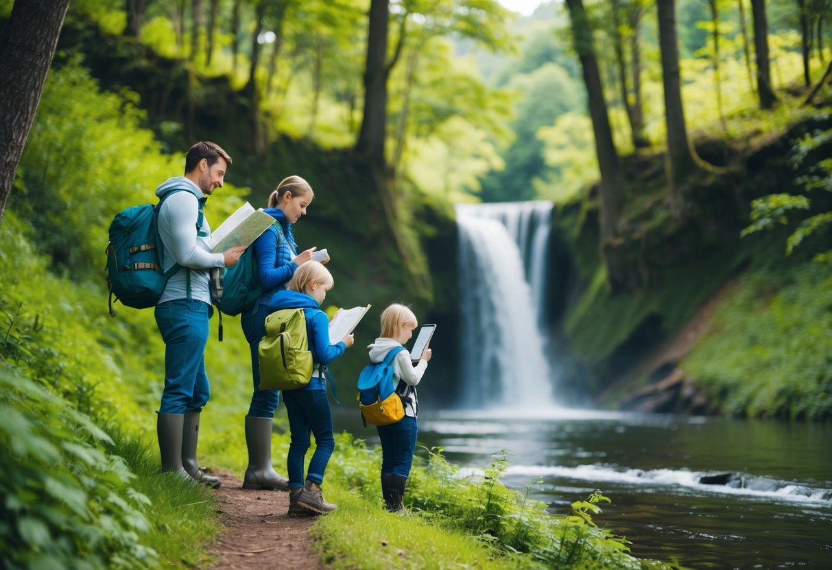 A family hiking through a lush forest, with a map and compass in hand, stopping to admire a waterfall and taking notes in a nature journal