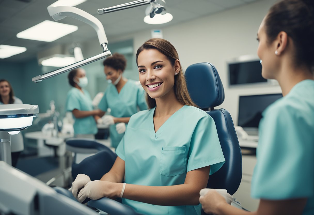 A dental assistant working with patients, organizing tools, and assisting the dentist in a busy dental office