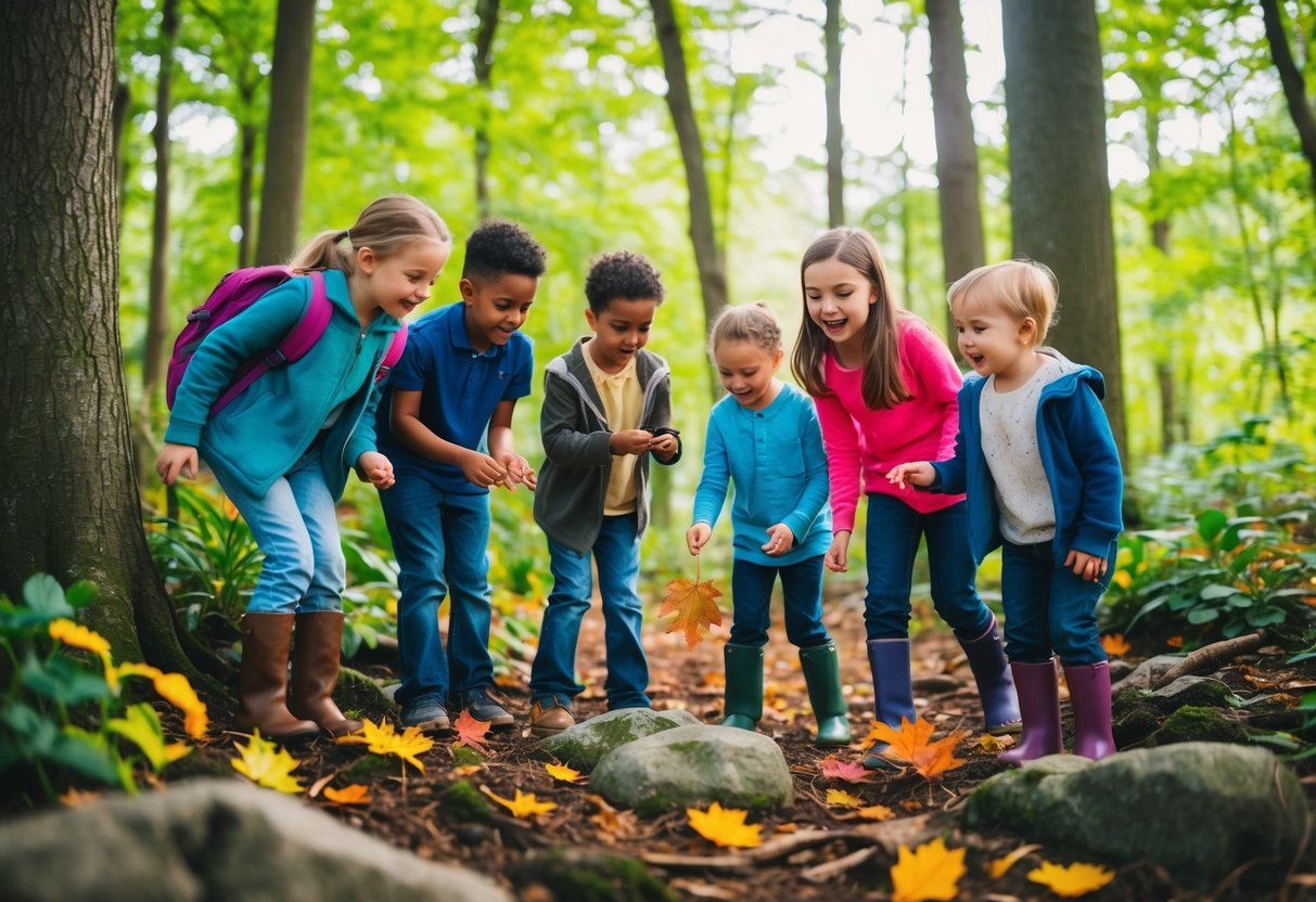 A group of children explore a lush forest, searching for hidden treasures like colorful leaves, animal tracks, and unique rocks. They excitedly point out their discoveries to each other, laughing and enjoying the beauty of nature