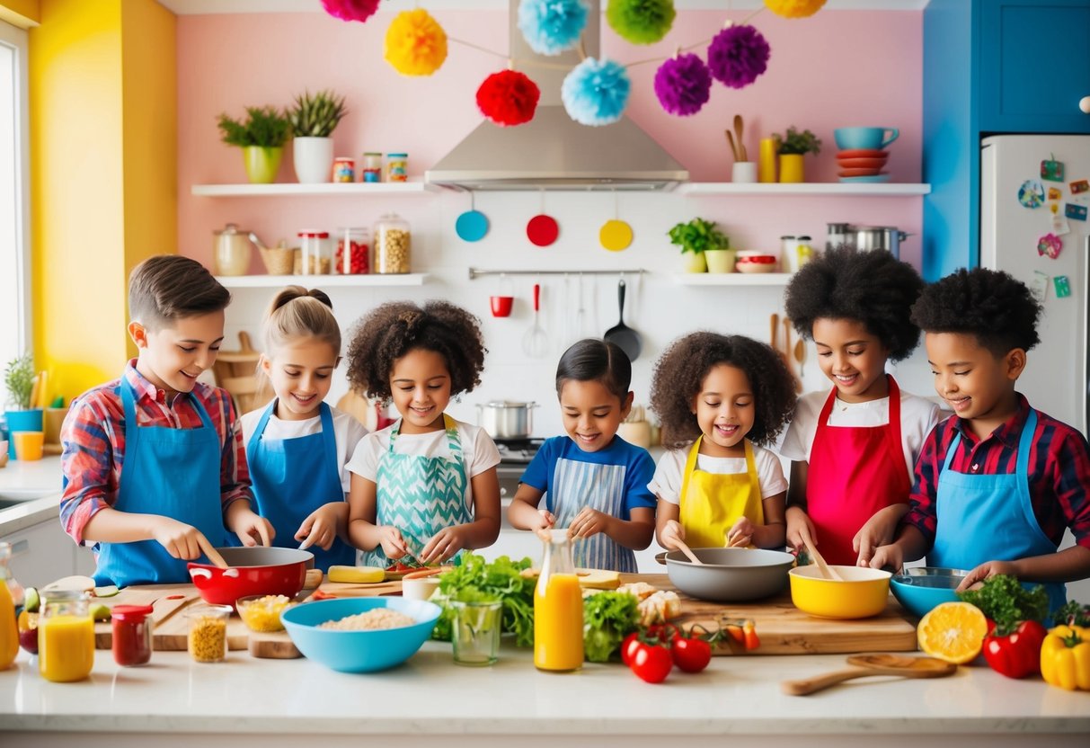 A colorful kitchen filled with children and adults cooking together, surrounded by ingredients, utensils, and cheerful decorations