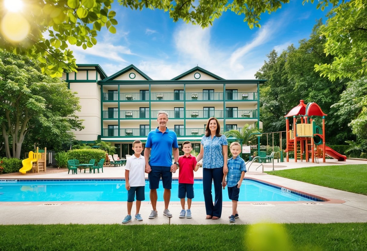 A family stands outside a hotel, surrounded by lush greenery and a swimming pool. The hotel has a playground and spacious rooms, catering to families