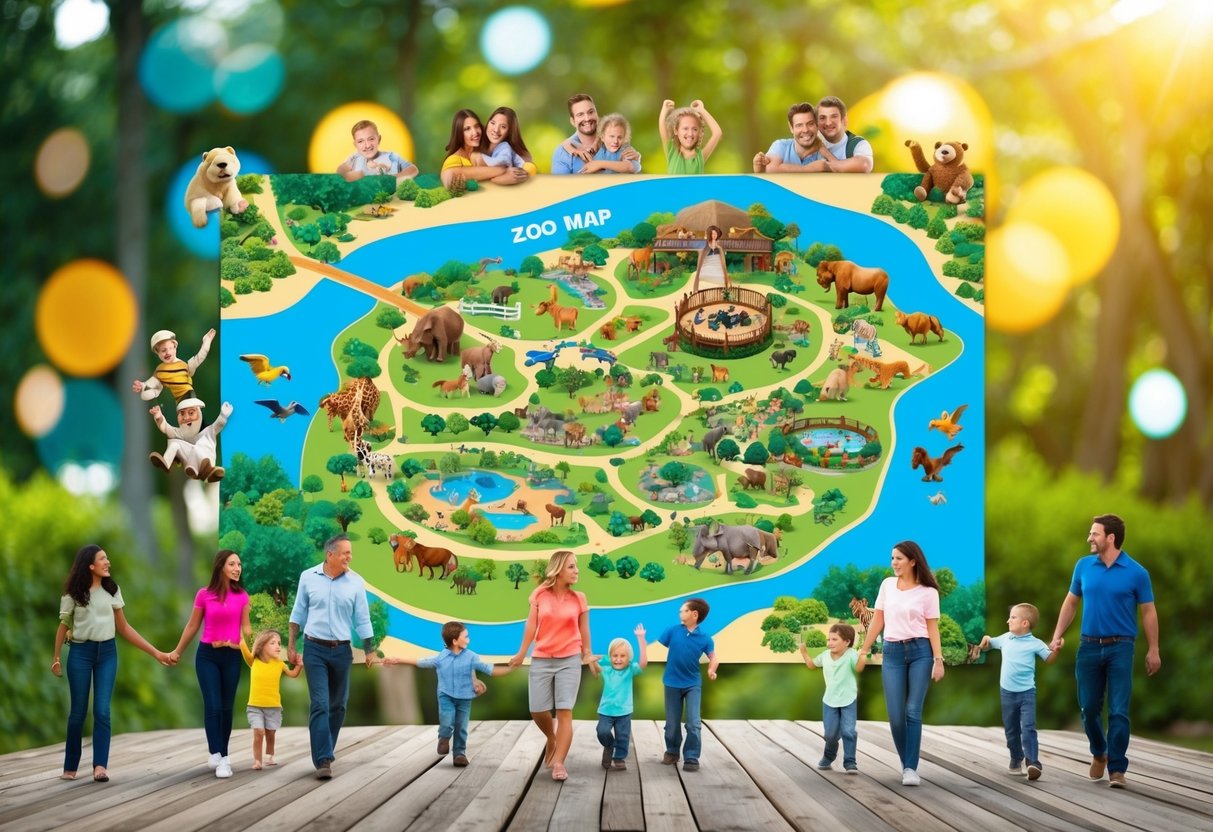 A colorful zoo map surrounded by happy families, animal exhibits, and playful attractions, with a clear path for a guided tour