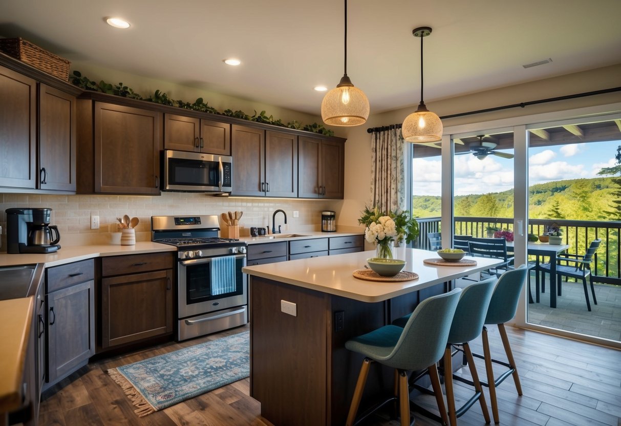 A cozy vacation rental kitchen with family-friendly amenities and spacious layout, surrounded by lush scenery and outdoor activities