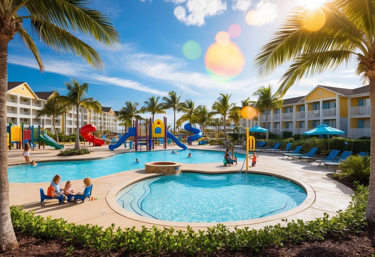 A sunny beach resort with pools, playgrounds, and family-friendly amenities. Families relax in comfortable accommodations surrounded by palm trees and lush gardens