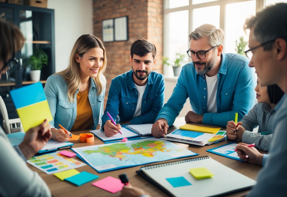 A family sits around a table with a map, budget planner, and calendar, discussing and planning a trip with colorful markers and sticky notes