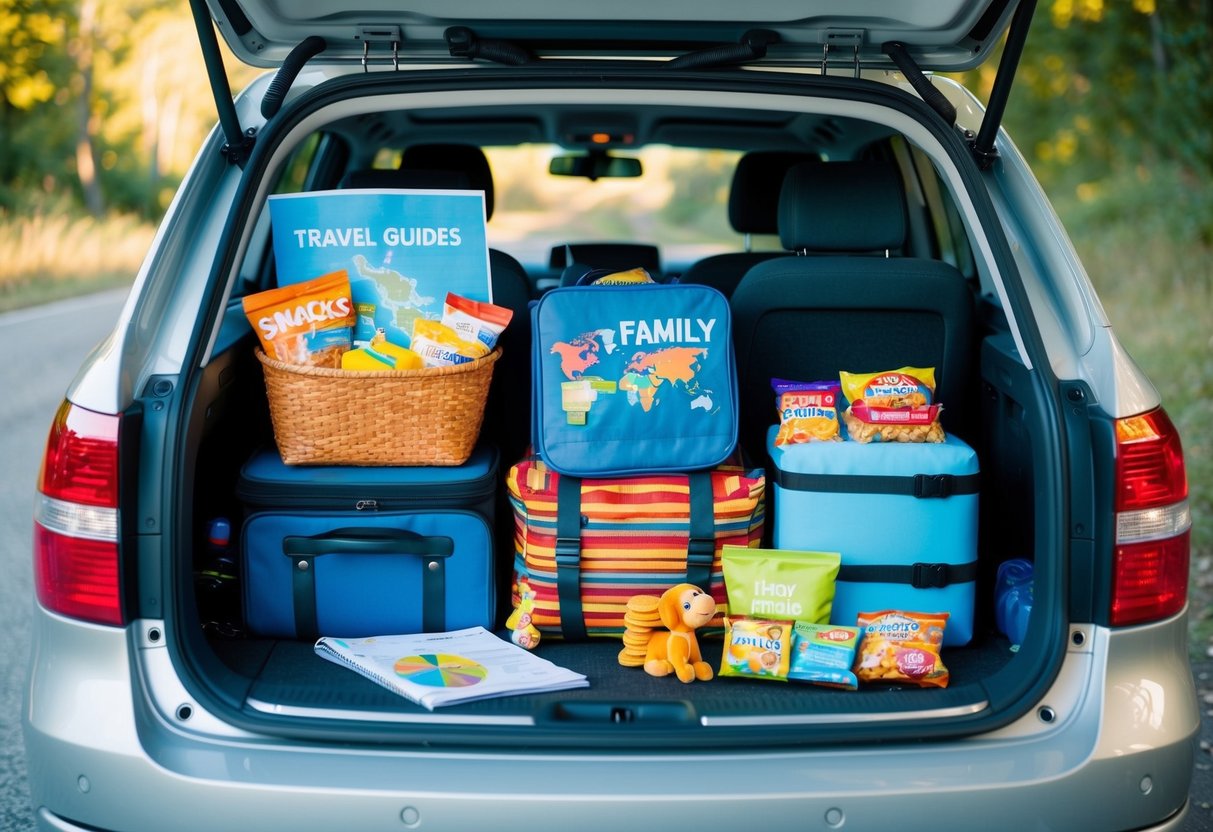 A family car filled with snacks, toys, and travel guides. A map and budget planner lay on the dashboard. Suitcases are packed in the trunk