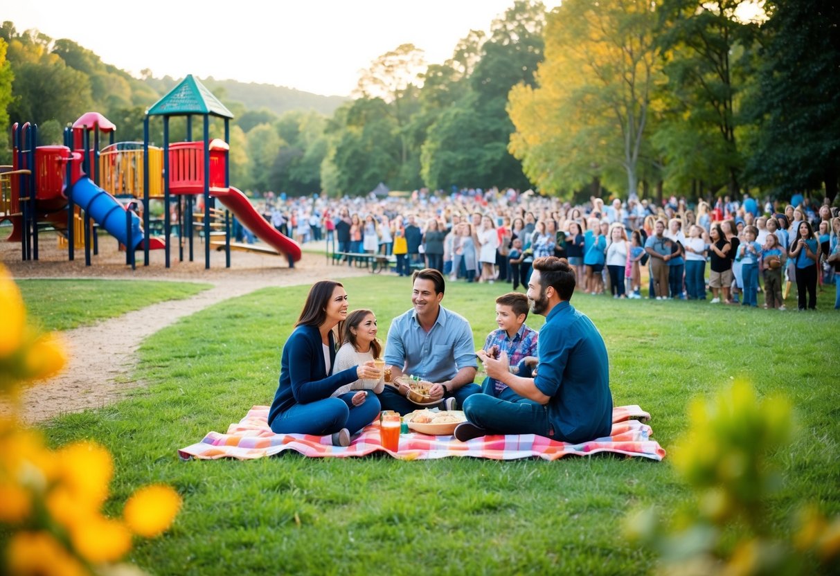 A family enjoys a picnic in a park, surrounded by playgrounds and hiking trails. Nearby, a free outdoor concert entertains a crowd of people