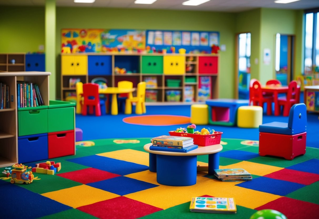 A colorful play area with toys, books, and games, surrounded by child-sized furniture and safety features