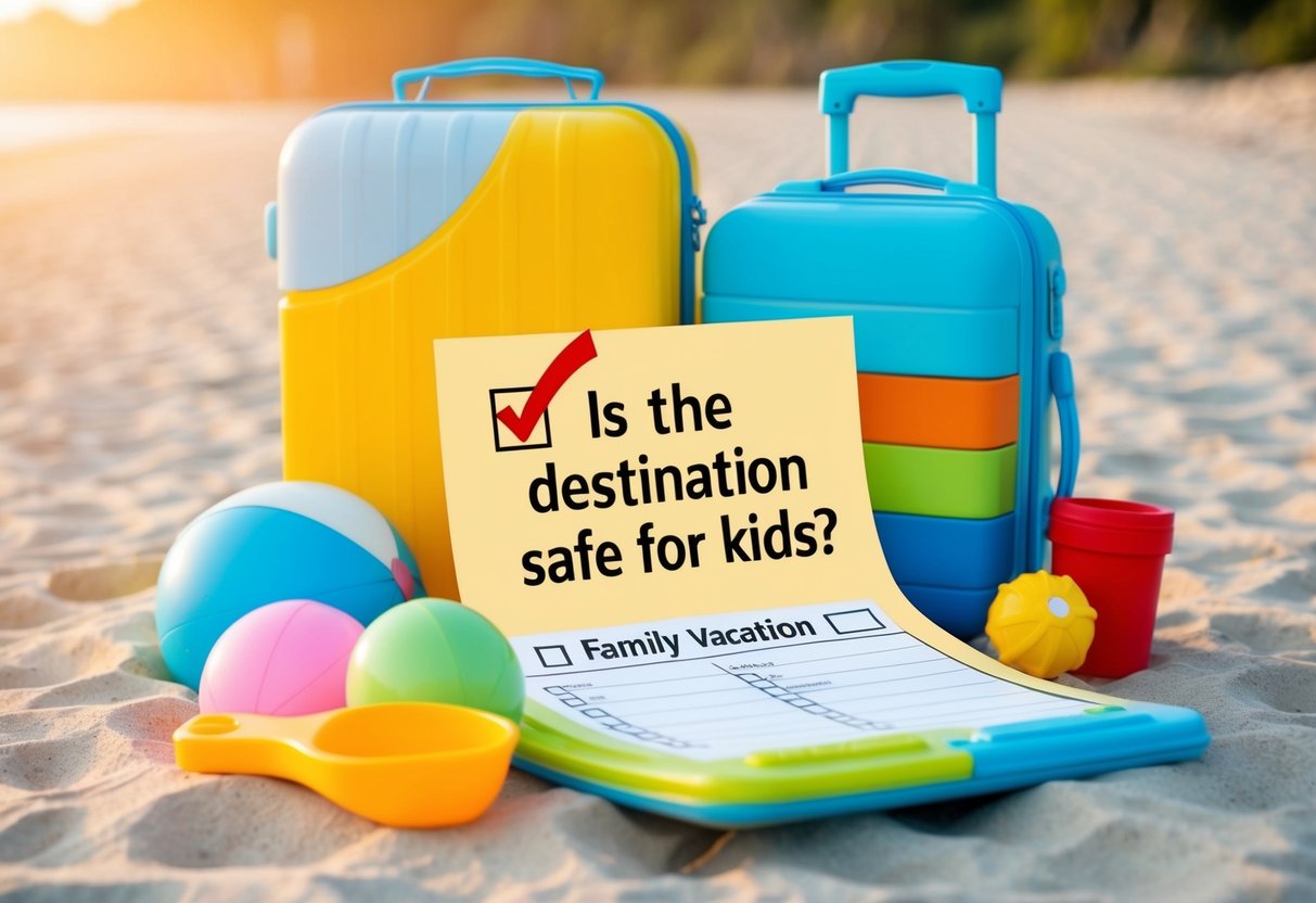 A family vacation checklist with a checkmark next to "Is the destination safe for kids?" surrounded by beach toys and a suitcase