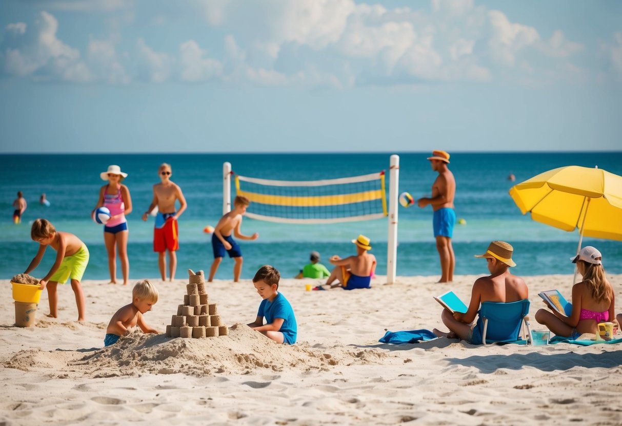 A beach with children building sandcastles, teens playing beach volleyball, and adults lounging under umbrellas with a book or engaging in water sports